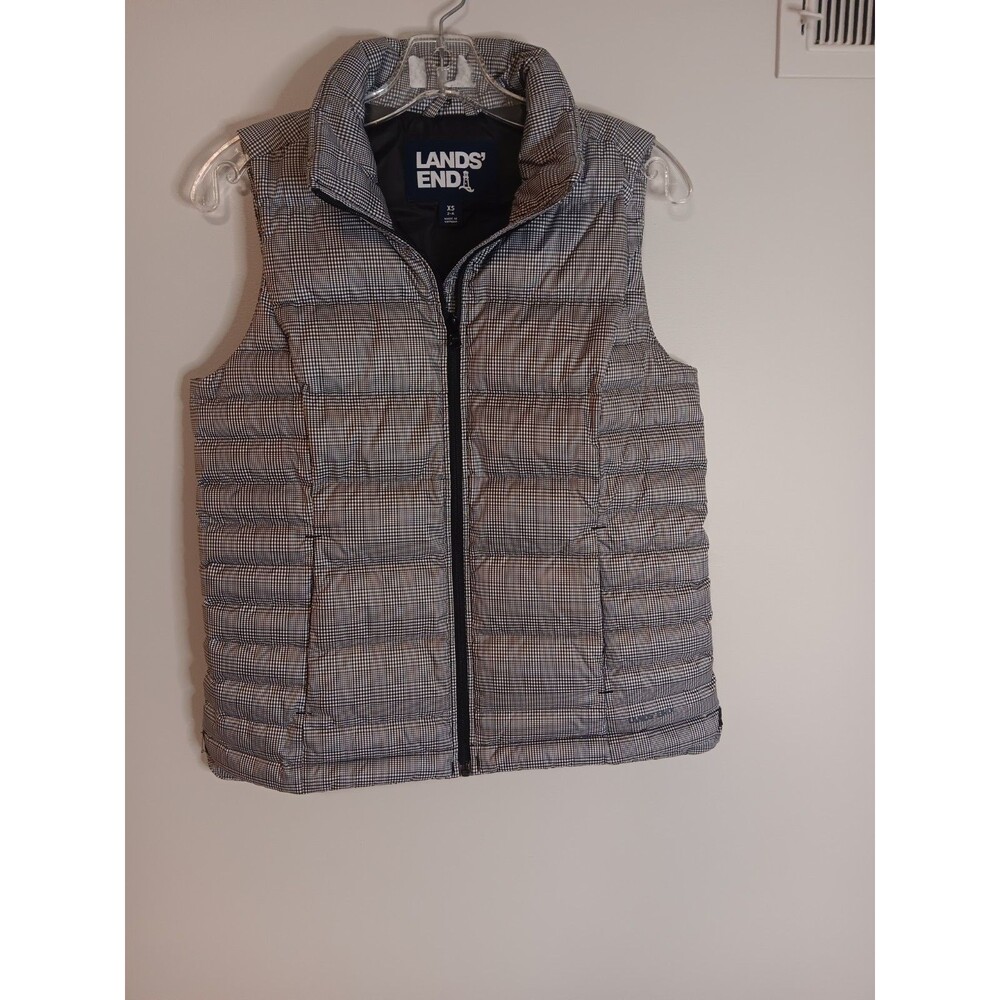 Lands End Womens Down Puffer Vest Black Plaid Sz XS